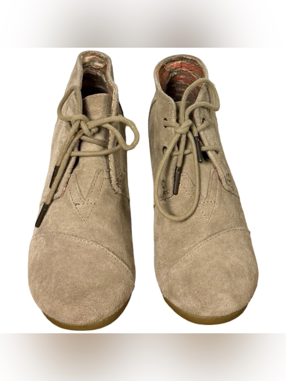 TOMS Desert Wedge Booties Taupe Suede Lace Up Ankle Boots Womens 6 Boho